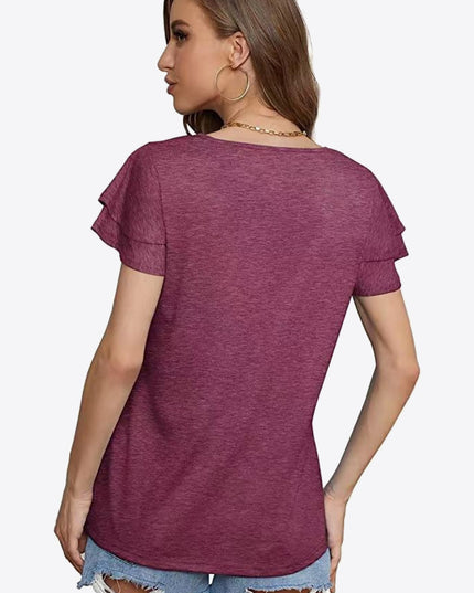 Tie-Neck Layered Flutter Sleeve Blouse