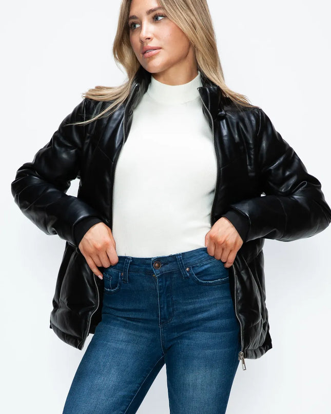 How Dare U Pocketed Zip Up Puffer Jacket with Removable Hood