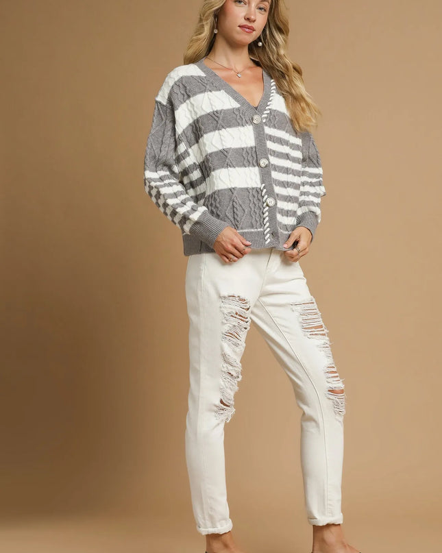 Umgee Cable-Knit Stripe Button-Up Cardigan