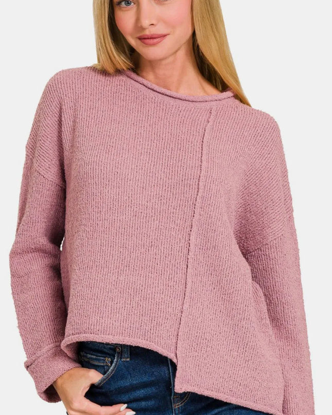 Zenana Asymmetric Hem Drop Shoulder Sweater Lt Rose