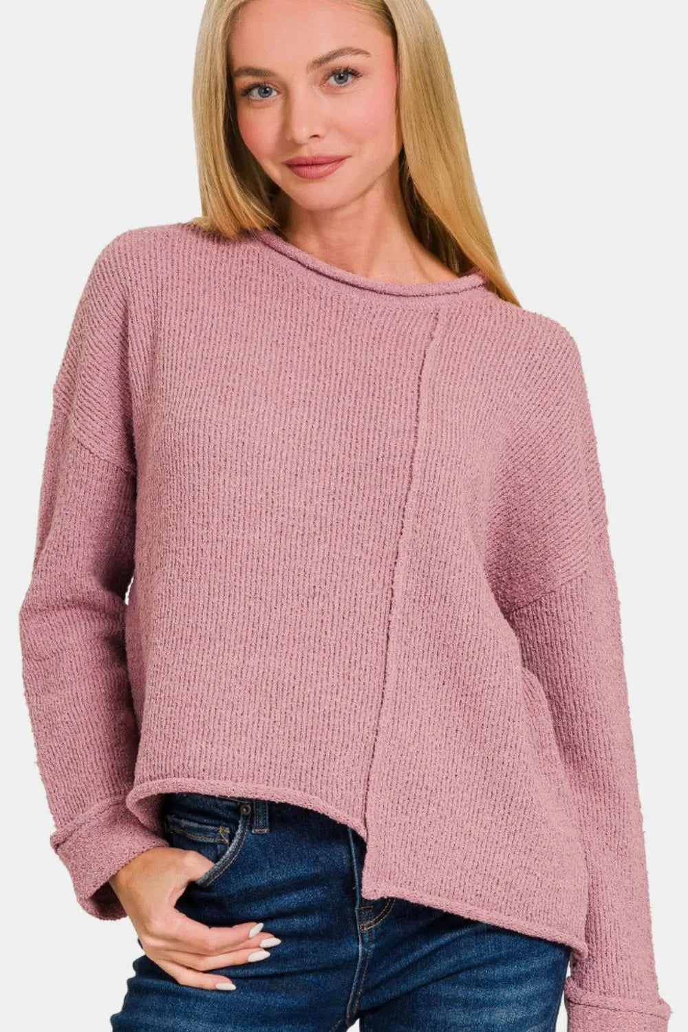 Zenana Asymmetric Hem Drop Shoulder Sweater Lt Rose