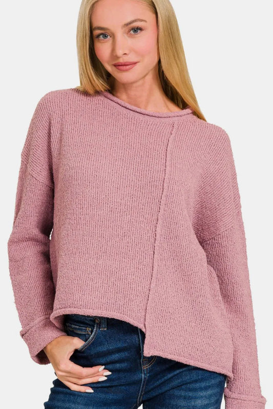 Zenana Asymmetric Hem Drop Shoulder Sweater Lt Rose