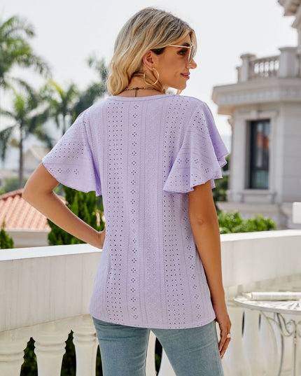 Eyelet Flutter Sleeve Round Neck Top