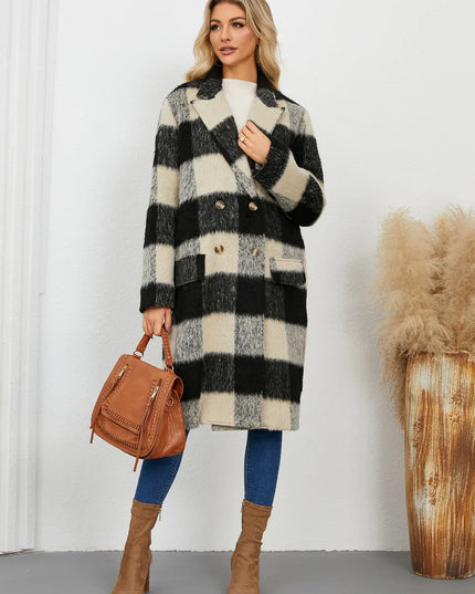 Plaid Double-Breasted Long Sleeve Coat