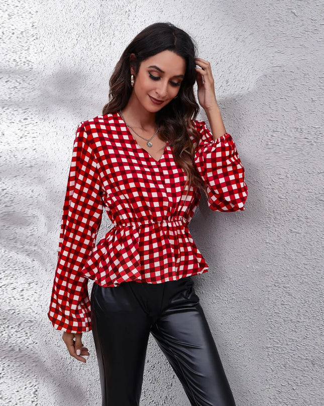 Plaid V-Neck Balloon Sleeve Peplum Blouse