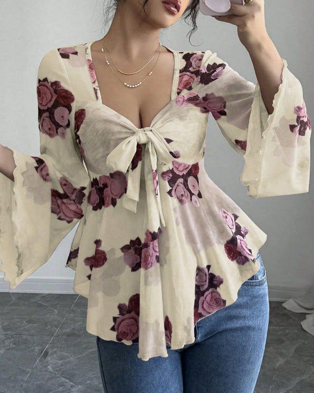 Floral Tie Front Flare Sleeve Blouse Apricot