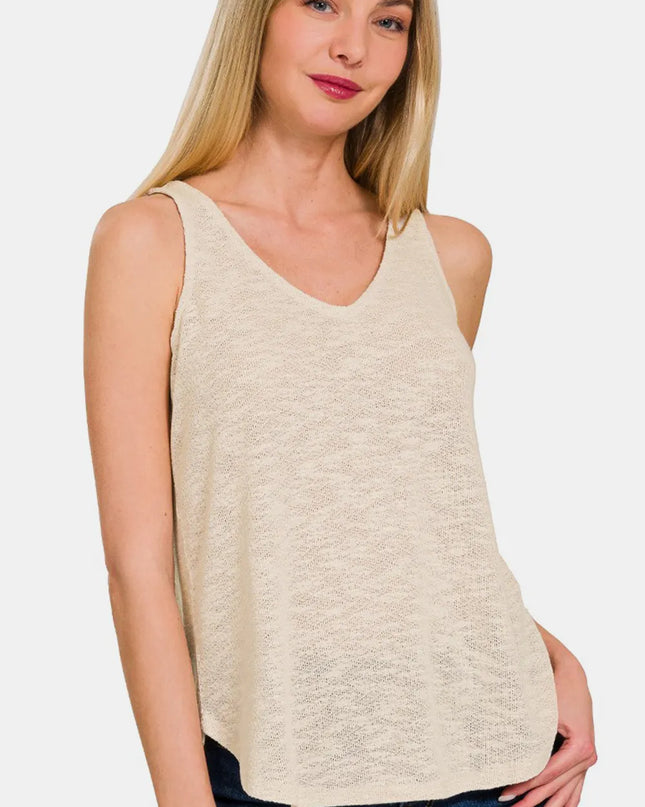 Zenana V-Neck Curved Hem Tank Sand Beige