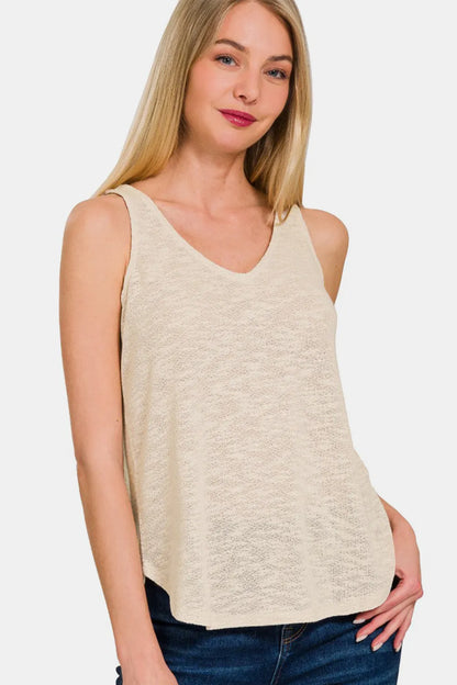 Zenana V-Neck Curved Hem Tank Sand Beige