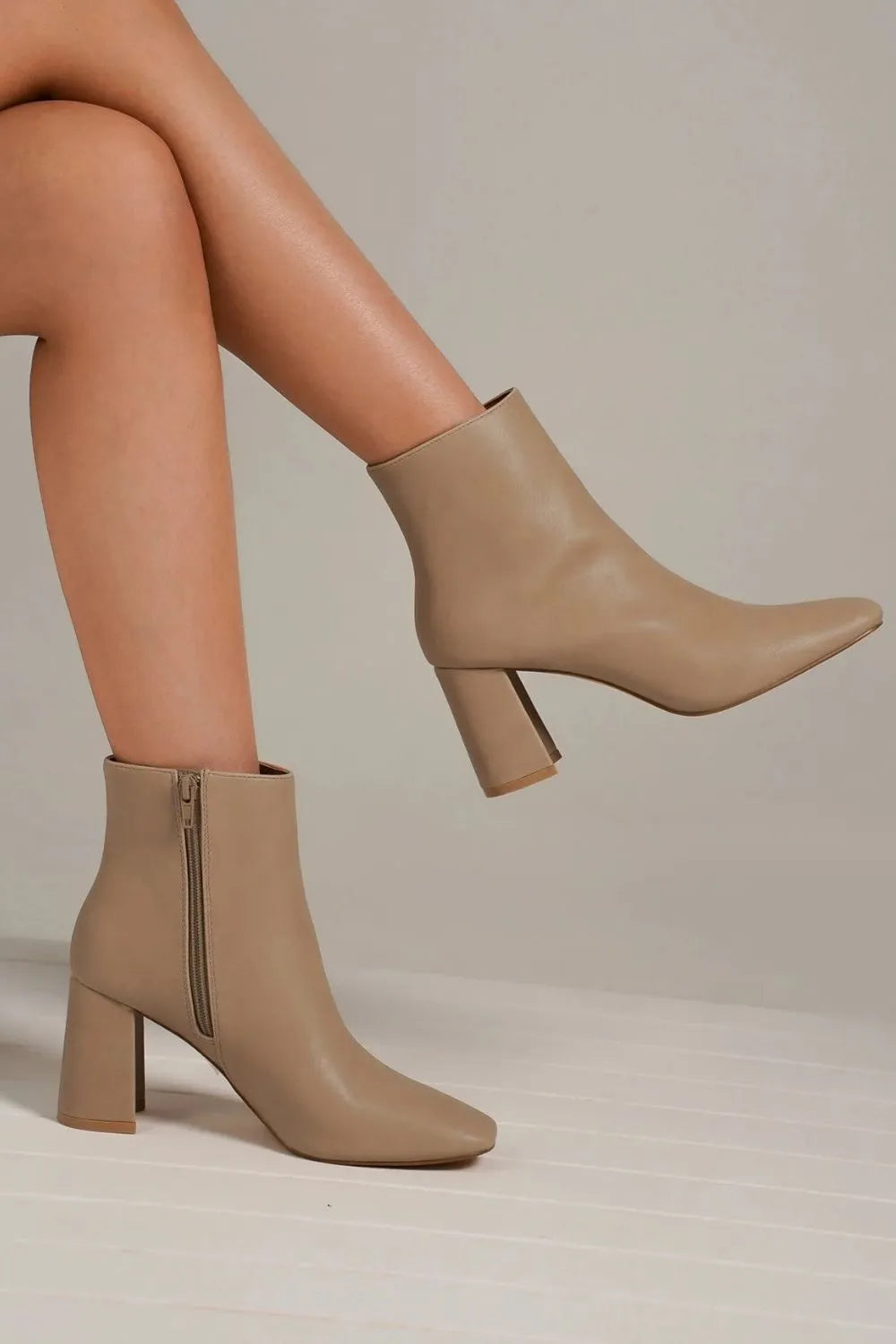 Beast Fashion PU Leather Block Heel Boots with Side Zippers Nude