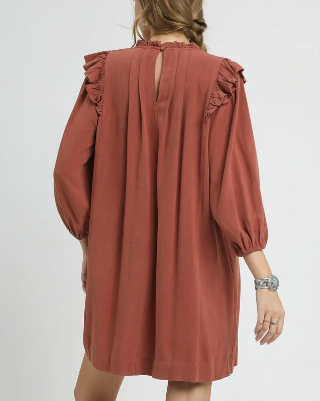 Umgee Linen Ruffle Shoulder Pleated Babydoll Dress