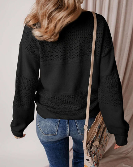 Eyelet Deatil V-Neck Long Sleeve Sweater