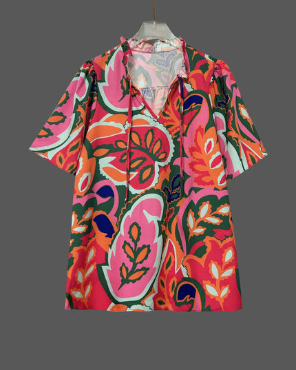 Printed Tie Neck Short Sleeve Blouse Strawberry