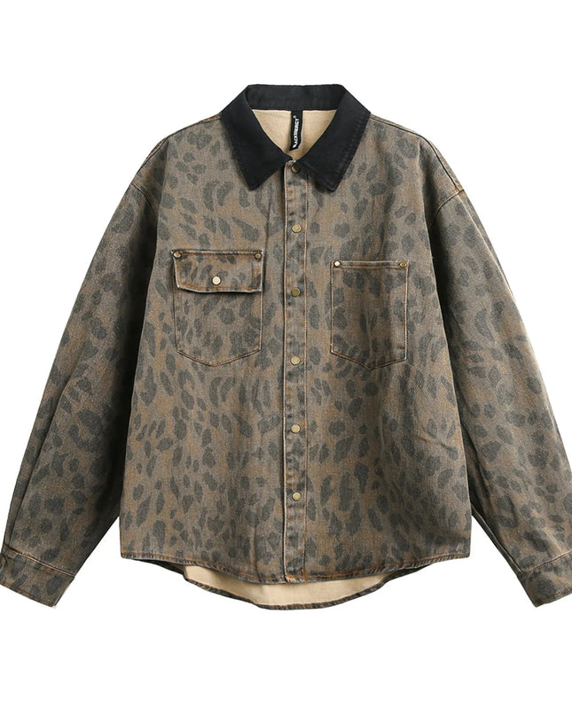 Men's Leopard Button Up Long Sleeve Jacket Leopard Print