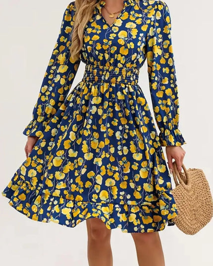 Floral Print Flounce Sleeve Ruffle Hem Dress