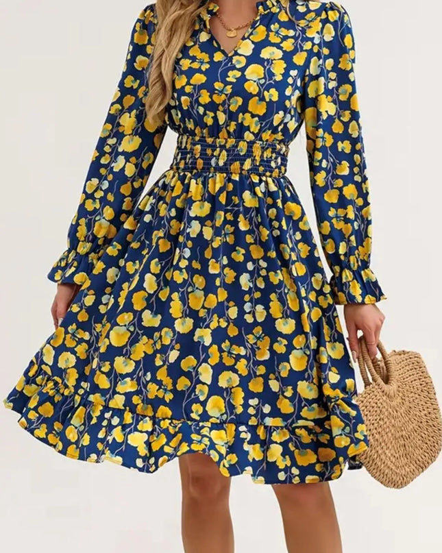 Floral Print Flounce Sleeve Ruffle Hem Dress