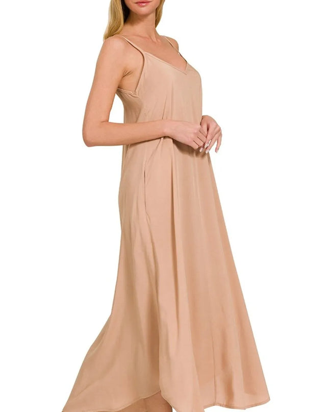 Zenana Woven Arc Hem Cami Dress With Flowy Pockets BRUSH