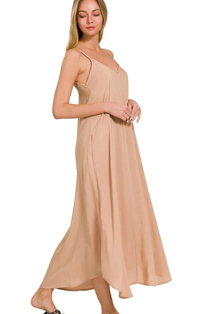 Zenana Woven Arc Hem Cami Dress With Flowy Pockets BRUSH