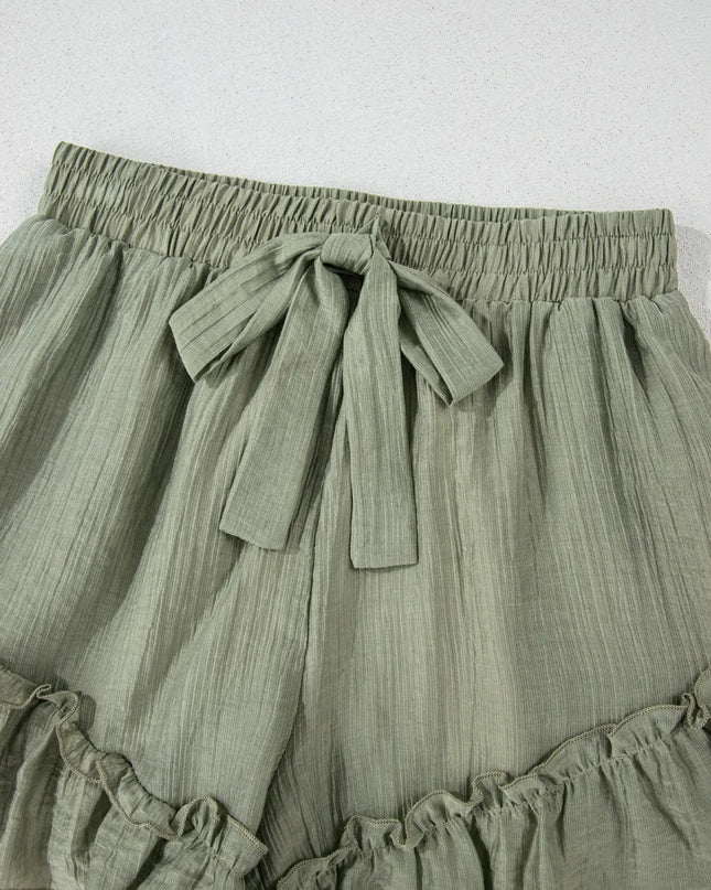 Textured Tie Waist Ruffle Hem Shorts
