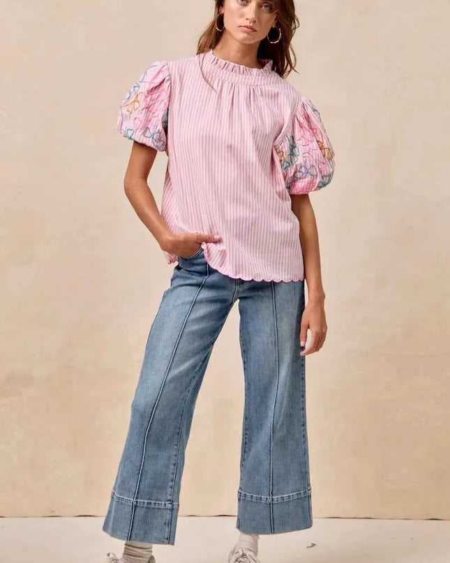 BiBi Embroidery Bubble Sleeve Top With Bottom Scallop Detail