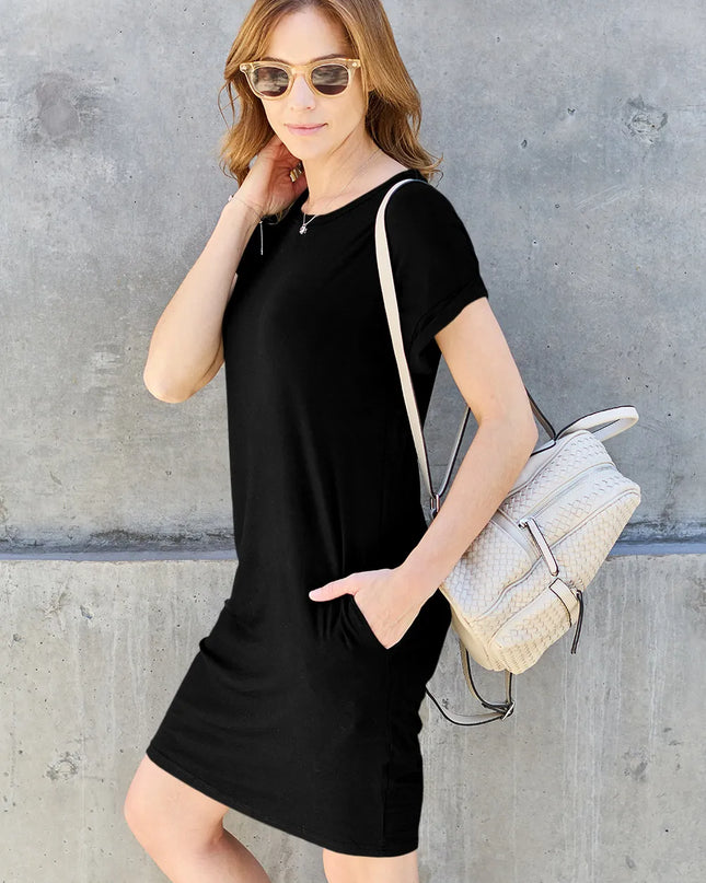 Basic Bae Bamboo Full Size Round Neck Short Sleeve Dress with Pockets