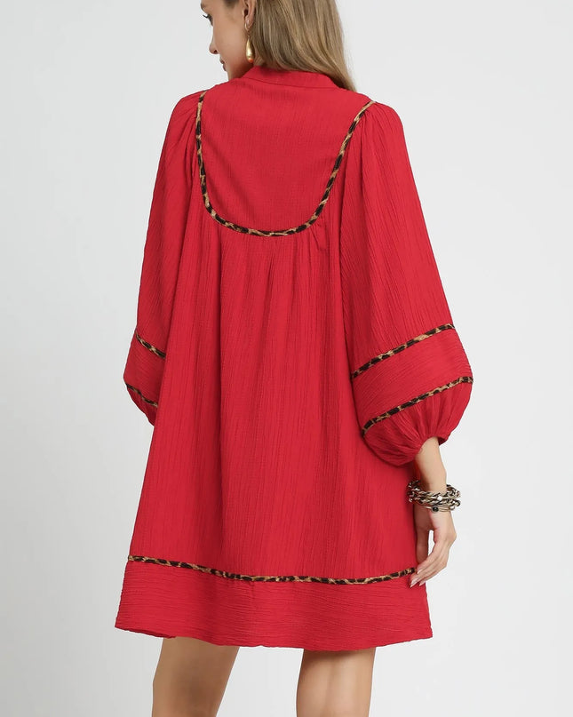 Umgee Textured Babydoll Dress with Leopard Trim