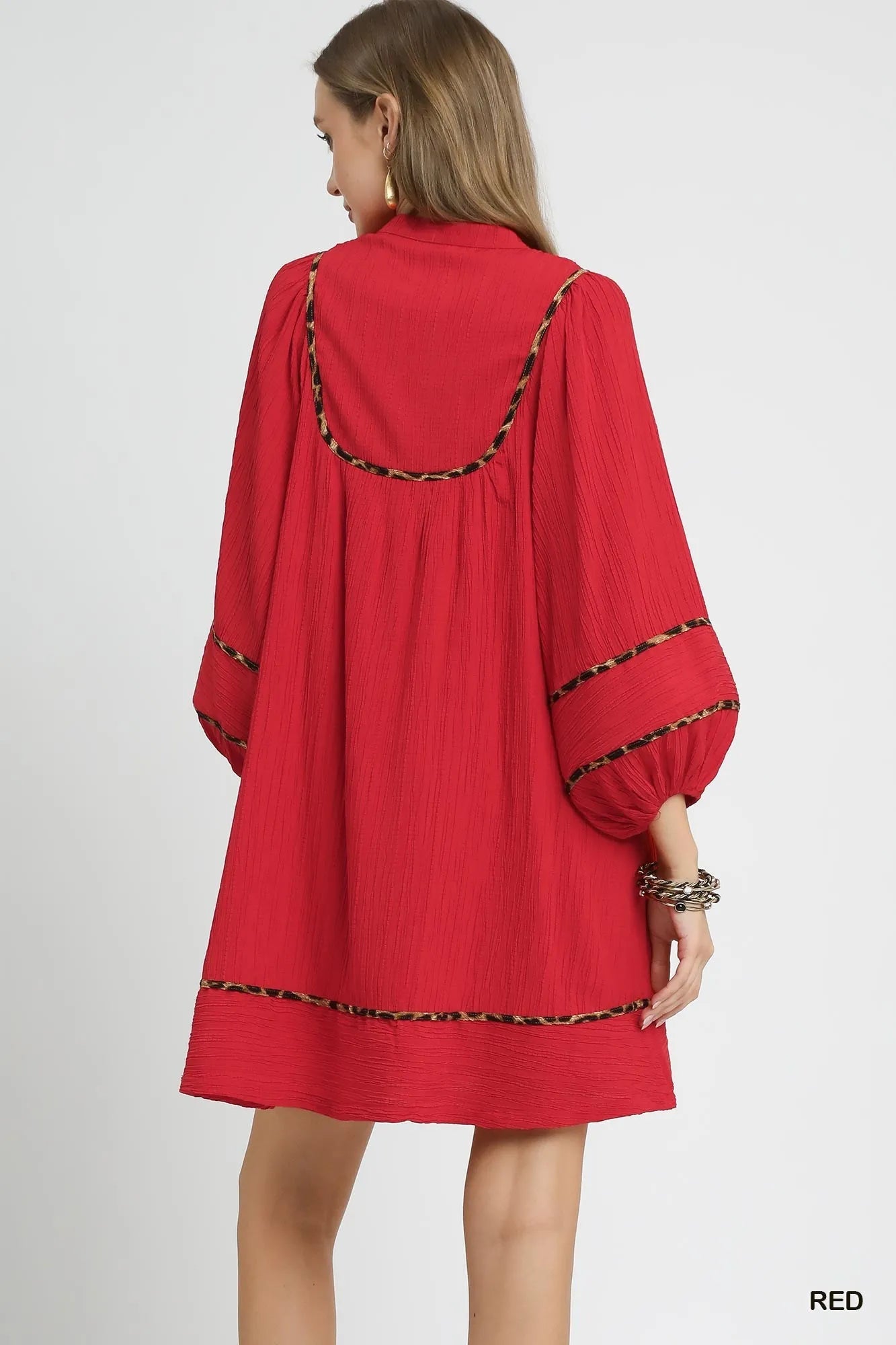 Umgee Textured Babydoll Dress with Leopard Trim