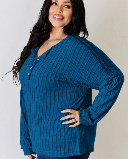 Basic Bae Full Size Ribbed Half Button Long Sleeve T-Shirt