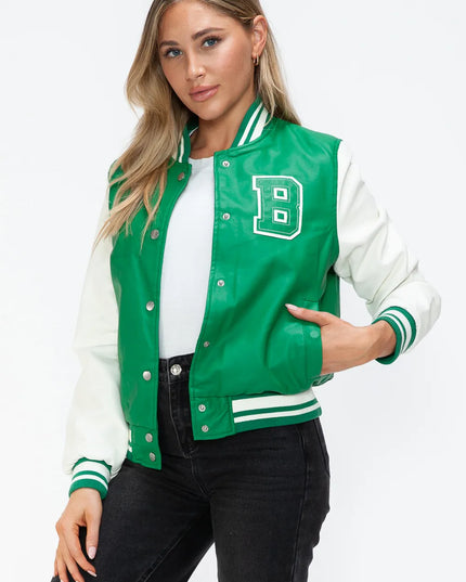 Love Me Now PU Leather Contrast Snap Down Bomber Jacket