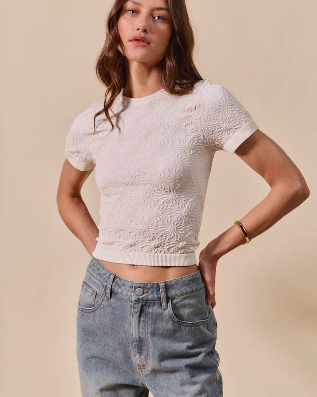 SO ME Floral Patterned Seamless Short Sleeve Top