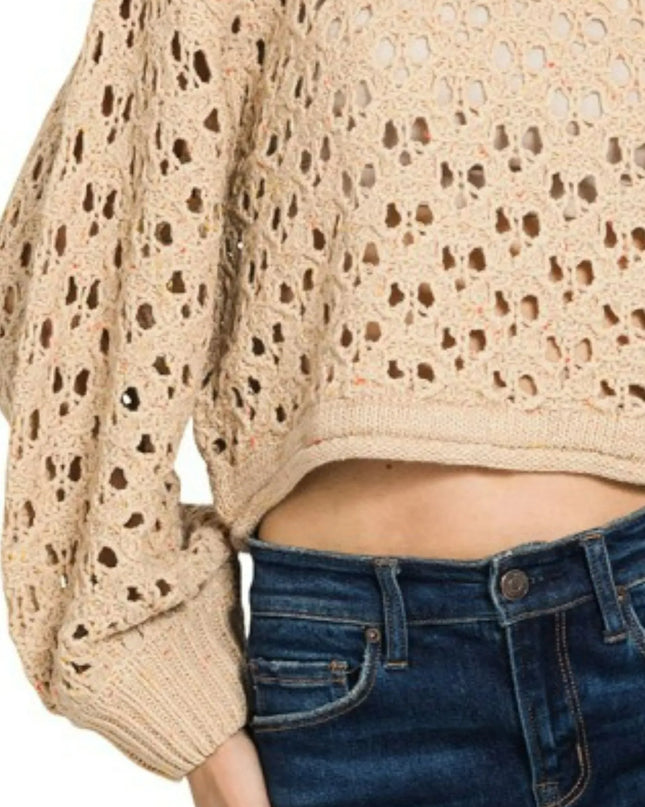 Zenana Oversized Cropped Crochet Knit Sweater