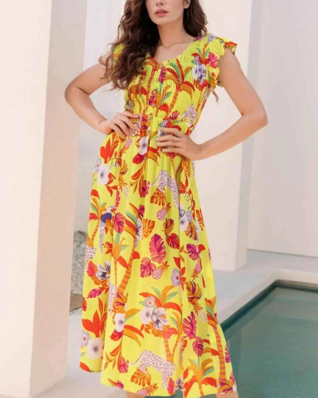 Cheetah Plant Print Shirred Button V Neck Maxi Dress