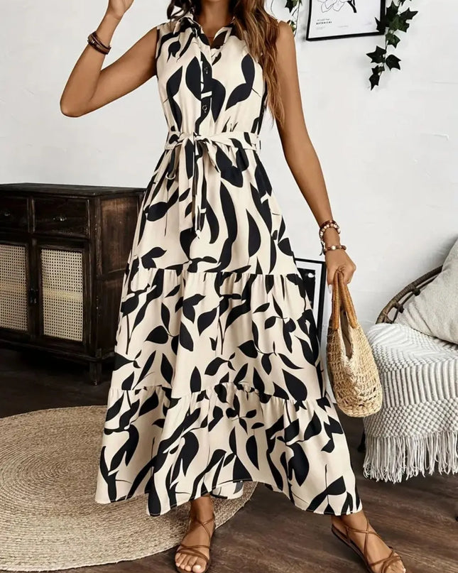 Printed Tie Waist Sleeveless Maxi Dress 