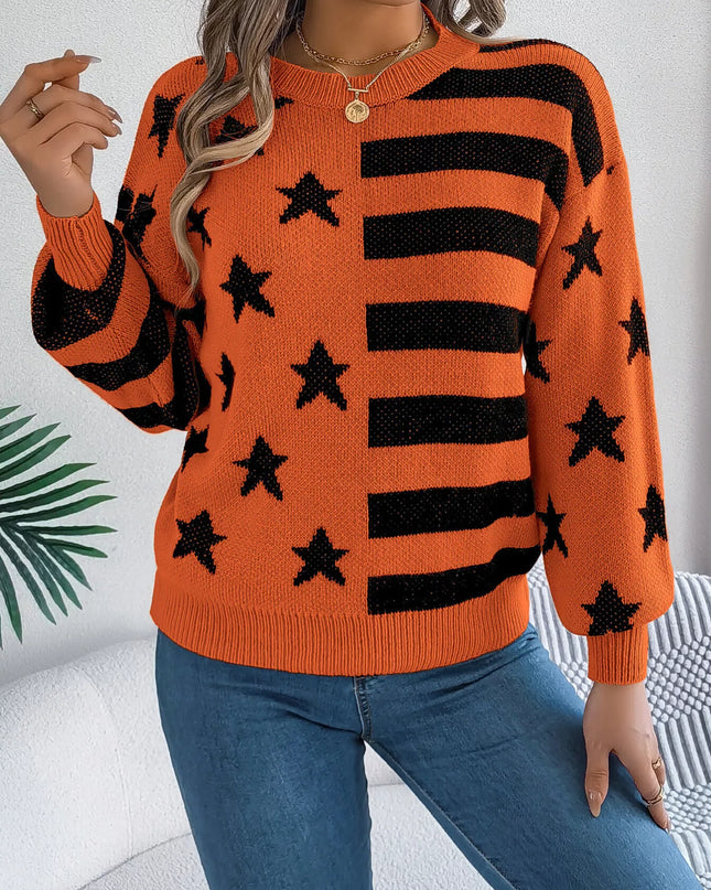Stars and Stripes Pattern Casual Round Neck Sweater