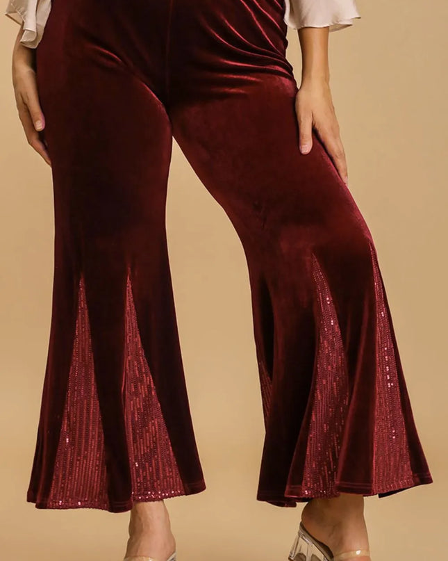 Umgee Full Size Sequin Elastic Waist Velvet Stretch Flare Leg Pants Plus Size