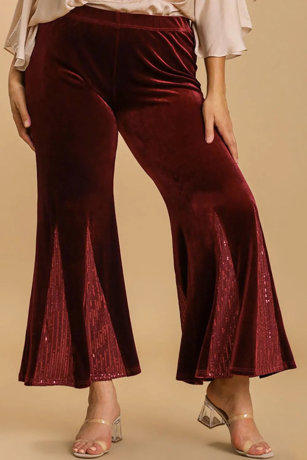 Umgee Full Size Sequin Elastic Waist Velvet Stretch Flare Leg Pants Plus Size