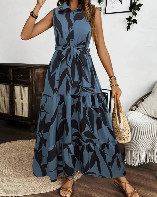 Printed Tie Waist Sleeveless Maxi Dress 