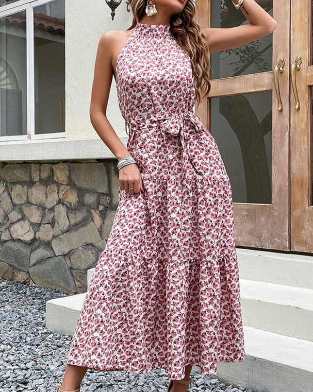 Perfee Floral Tie-Waist Tiered Dress 