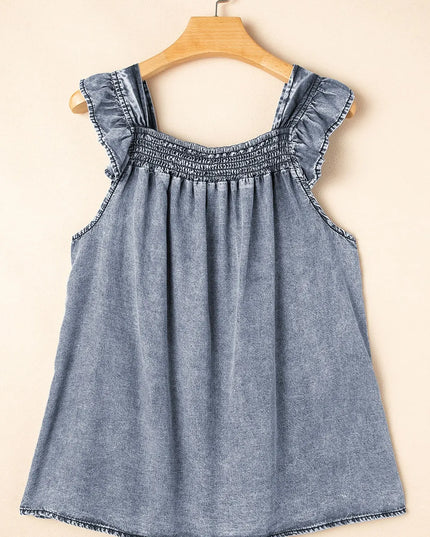 Ruffled Shirred Denim Top