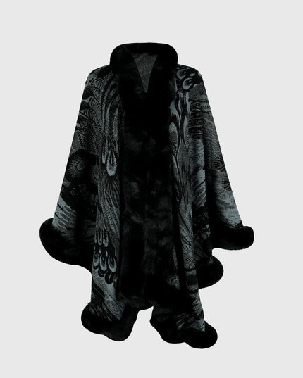 Printed Open Front Poncho Charcoal One Size