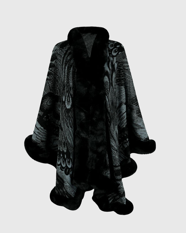 Printed Open Front Poncho Charcoal One Size