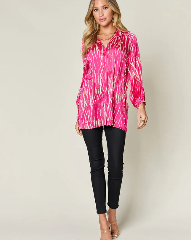 Double Take Full Size Printed Button Up Long Sleeve Shirt