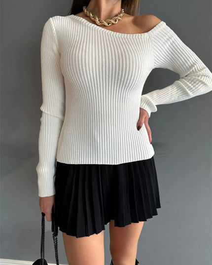 Ribbed Single Shoulder Sweater White