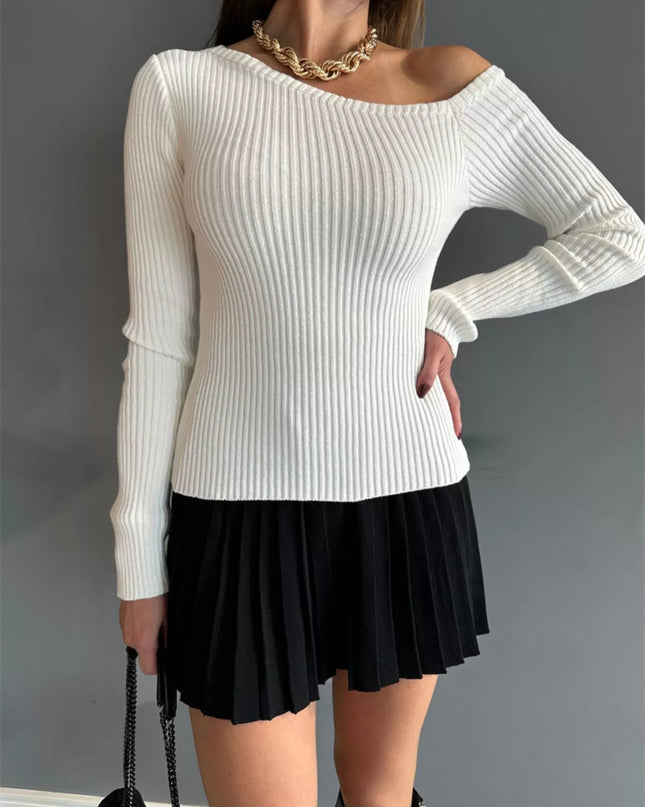 Ribbed Single Shoulder Sweater White