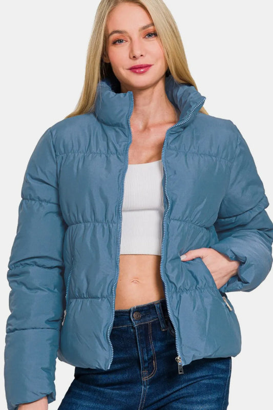 Zenana Zip Up Turtleneck Puffer Jacket with Pockets Dusty Blue