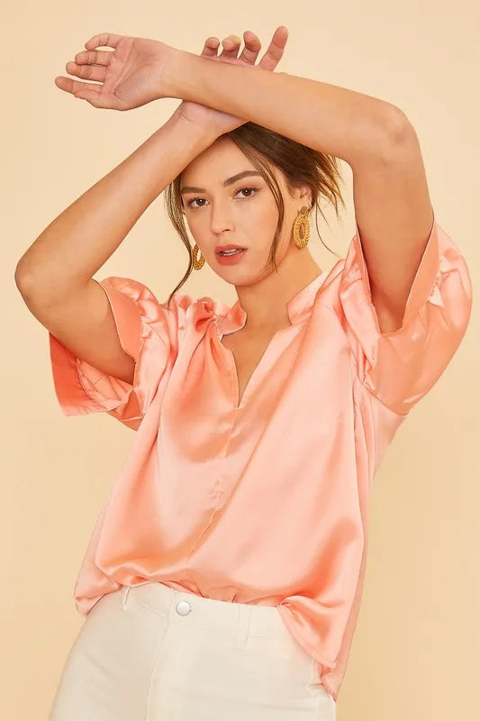 Annie Wear Satin V Neck Open Short Sleeve Woven Blouse Top