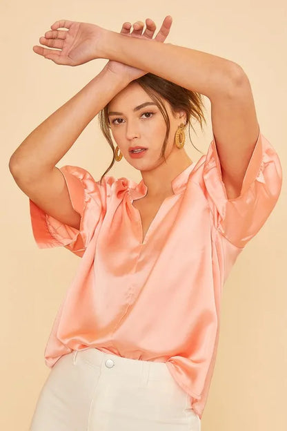 Annie Wear Satin V Neck Open Short Sleeve Woven Blouse Top