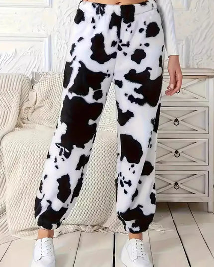 Fuzzy Cow Print Elastic Waist Pants White