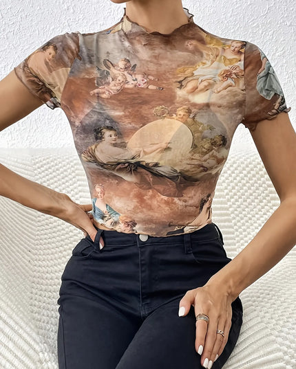 Abstract Print Ruffled Mock Neck Crop T-Shirt Caramel