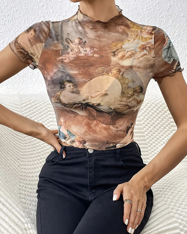 Abstract Print Ruffled Mock Neck Crop T-Shirt Caramel