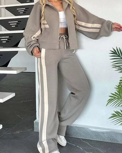 Full Size Contrast Stripe Zip Up Jacket and Pants Set Plus Size Grey